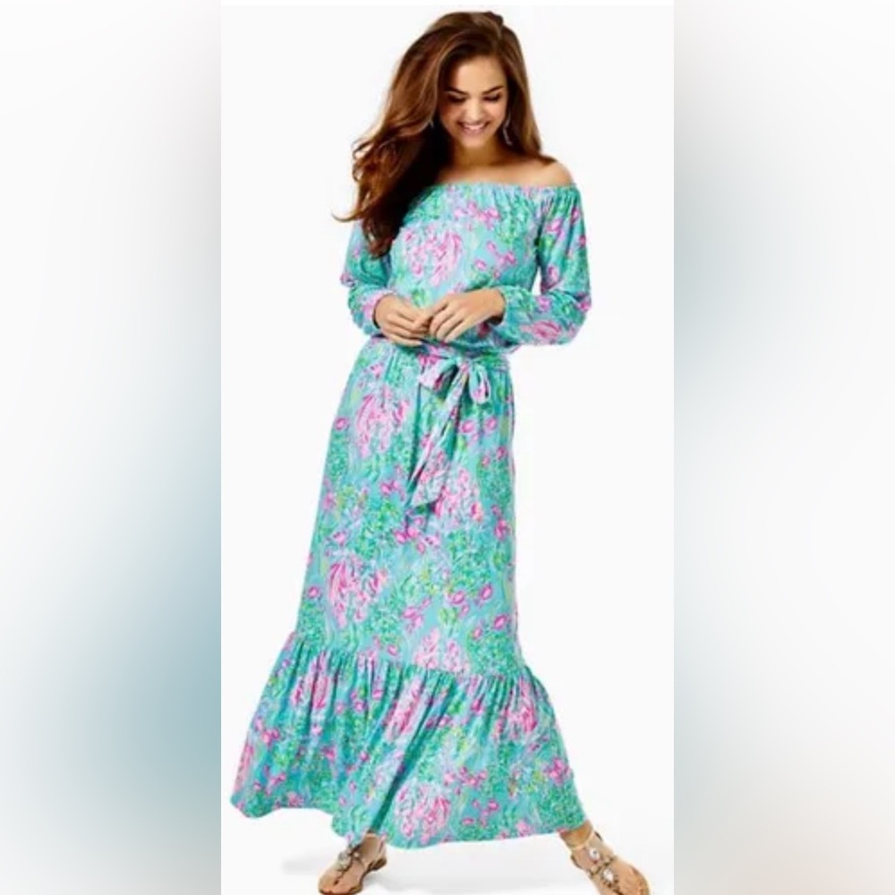 Lilly Pulitzer Odella Maxi Dress Off The Shoulder Amalfi Blue Wishes L - Picture 2 of 7